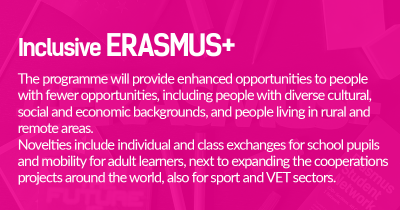 The programme will provide enhanced opportunities to people with fewer opportunities, including people with diverse cultural, social and economic backgrounds, and people living in rural and remote areas. Novelties include individual and class exchanges for school pupils and mobility for adult learners, next to expanding the cooperations projects around the world, also for sport and VET sectors.