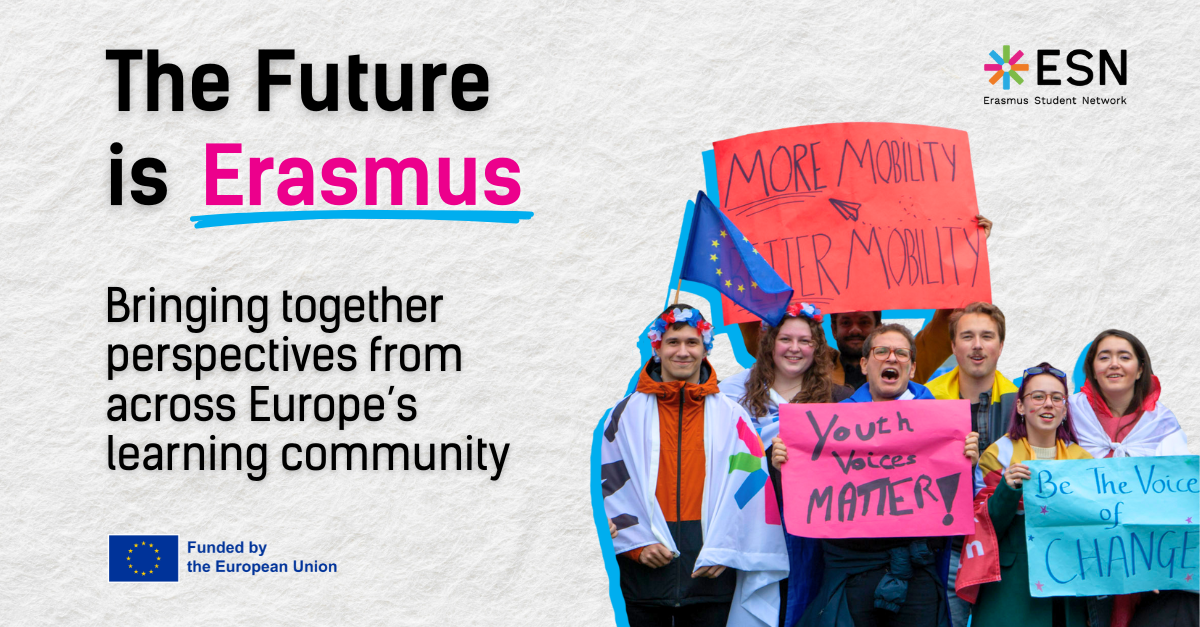 The visual shows on the left the title "The Future is Erasmus", the subtitle: "Bringing together perspectives from across Europe’s learning community" and on the right side there is a picture of a group of people with signs advocating for youth voices and more mobility, better mobility