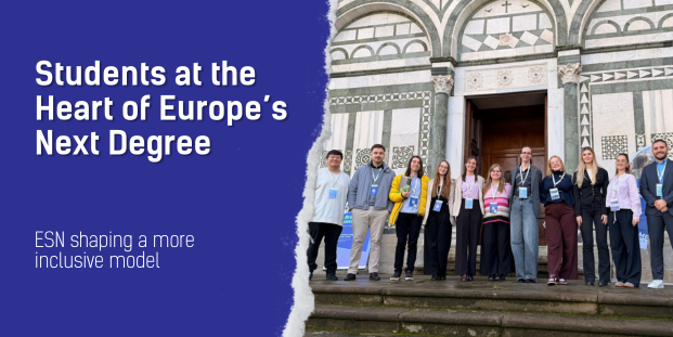 The image shows on the left side the title of the article: "Students at the Heart of Europe’s Next Degree", and the subtitle "ESN shaping a more inclusive model". On the right side there is a group picture