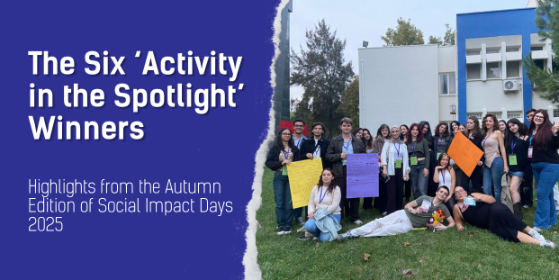 Banner graphic with a dark-blue text panel on the left that reads ‘The Six “Activity in the Spotlight” Winners — Highlights from the Autumn Edition of Social Impact Days 2025.’ On the right, a large group of smiling young people stands and sits on grass outdoors in front of modern buildings, holding colorful posters and posing together