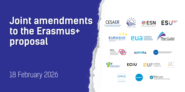 Graphic with dark blue background on the left and white background on the right. Large text reads ‘Joint amendments to the Erasmus+ proposal’. Smaller text below reads '18 February 2026’. On the right side, logos of multiple European higher education and student organisations are displayed, including associations of universities, student unions, and university networks, indicating a joint call for adequate funding of the Erasmus+ programme.