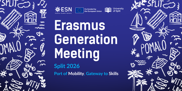 Banner for Erasmus Generation Meeting Split 2026, themed "Port of Mobility, Gateway to Skills", co-organised by ESN, the European Union, and the University of Split. Blue background with hand-drawn doodles of coastal icons.