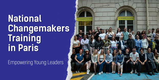 The cover contains the title "National Changemakers Training in Paris", followed by a subtitle " Empowering Young Leaders" on the left side, and a photo of the entire group of participants at this training on the right side.