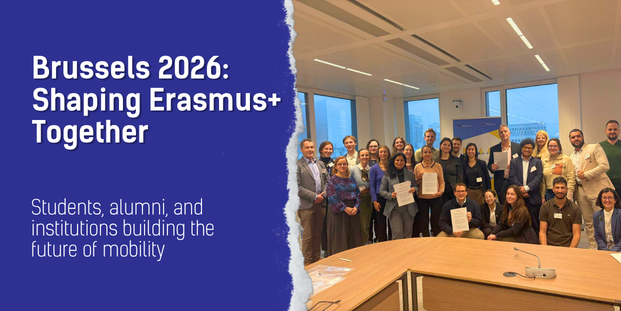 The visual shows the title Brussels 2026: Shaping Erasmus+ Together and subtitle: Students, alumni, and institutions building the future of mobility. The background is dark blue and on the right there is a picture of a lot of people together