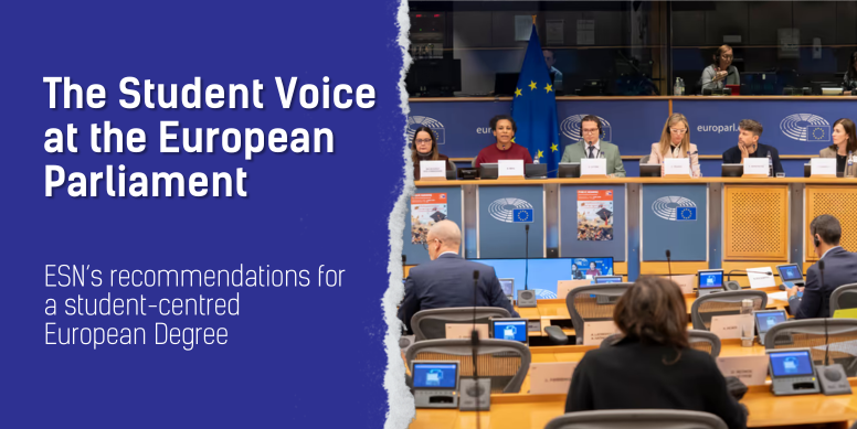 The visual shows on the left side the title “The Student Voice at the European Parliament” and subtitle: “ESN’s recommendations for a student-centred European Degree“. On the right side there is a picture of the speakers on the table.