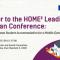 The logo of the HOME2 project is placed in the upper left corner. Below it a bolded text stating "Register to the HOME² Leading European Conference". Below it is additional texts about the time (20th of May, from 10AM to 5PM) and the location (European Economic and Social Committee, Rue Belliard 99/101, 1040 Bruxelles). In the upper right corner the logo indicates that the project is funded by the European Union. In the lower right corner a visual element of two houses is placed.