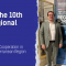 On the left side is the title “ESN at the 10th UfM Regional Forum” with the headline “Strengthening Cooperation in the Euro-Mediterranean Region.” On the right, two attendees stand smiling next to a Union for the Mediterranean Regional Forum banner.