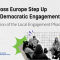 The visuals shows the text: “Youth Across Europe Step Up for Local Democratic Engagement” and the subtitle “Implementation of the Local Engagement Phase.” The image shows a black-and-white photo of a diverse group of young people sitting in a circle and participating in a group discussion. Colorful graphic shapes appear around the photo. Logos of ESN and the European Union are displayed at the bottom, along with the hashtag #SpeakOut.
