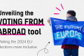 Text on visual saying: "Unveiling ''voting from abroad'' tool. Making the 2024 EU elections more inclusive." A young man holding an ESN flag on his back saying ''The future is Europe''.