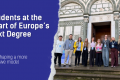 The image shows on the left side the title of the article: "Students at the Heart of Europe’s Next Degree", and the subtitle "ESN shaping a more inclusive model". On the right side there is a group picture  