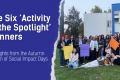 Banner graphic with a dark-blue text panel on the left that reads ‘The Six “Activity in the Spotlight” Winners — Highlights from the Autumn Edition of Social Impact Days 2025.’ On the right, a large group of smiling young people stands and sits on grass outdoors in front of modern buildings, holding colorful posters and posing together