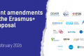 Graphic with dark blue background on the left and white background on the right. Large text reads ‘Joint amendments to the Erasmus+ proposal’. Smaller text below reads '18 February 2026’. On the right side, logos of multiple European higher education and student organisations are displayed, including associations of universities, student unions, and university networks, indicating a joint call for adequate funding of the Erasmus+ programme.