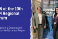 On the left side is the title “ESN at the 10th UfM Regional Forum” with the headline “Strengthening Cooperation in the Euro-Mediterranean Region.” On the right, two attendees stand smiling next to a Union for the Mediterranean Regional Forum banner. 